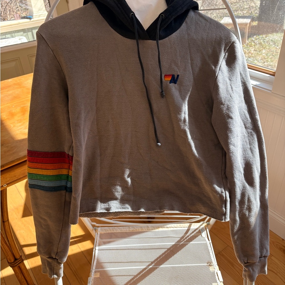 Aviator Nation Gray Cropped Hoodie with Rainbow Sleeve Stripe